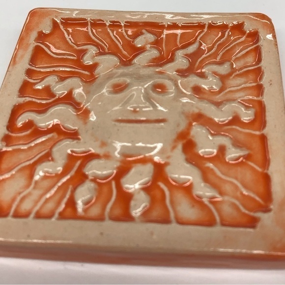 Handmade Ceramic Tile: Red-Orange Sun - Picture 2 of 2